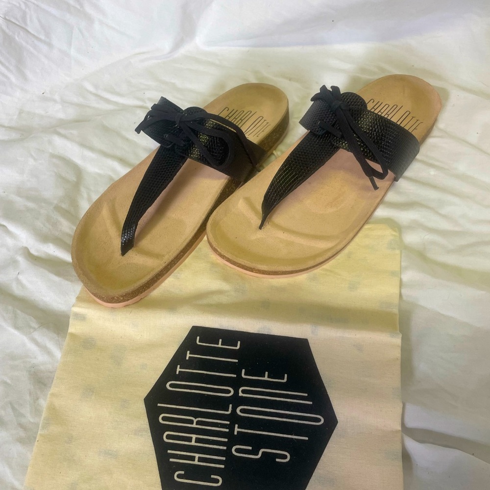 Charlotte stone T strap tie birk black tan size 37 nwt